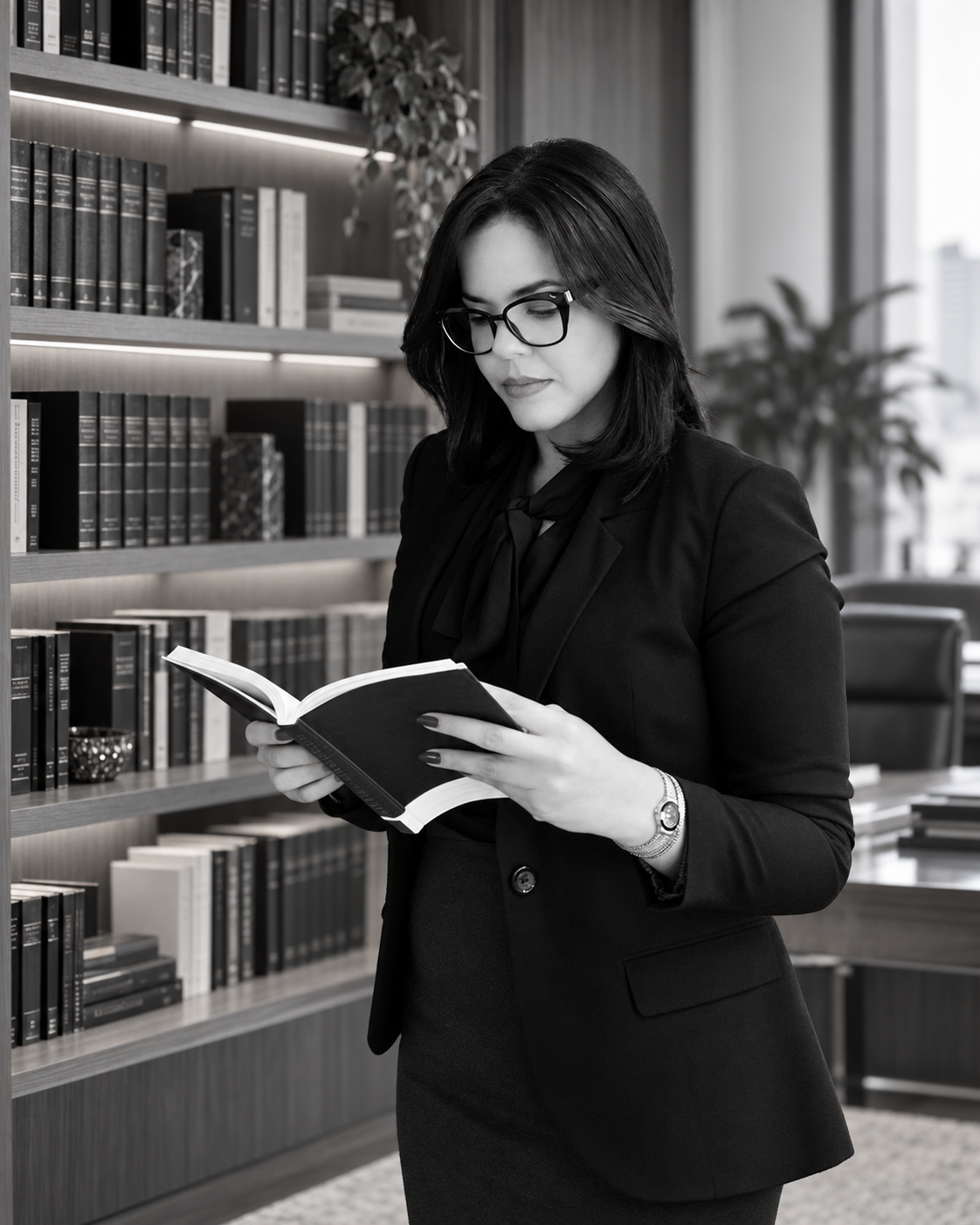 Roberta Neves lendo um livro em uma biblioteca, vestindo blazer preto